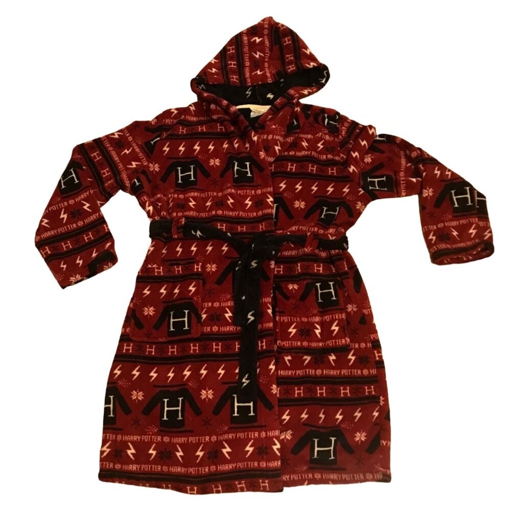 Harry Potter Robe Kids LG XL Hooded Fleece Red & Black Pockets Belted Sleepwear